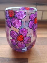 Load image into Gallery viewer, Purple Flower Stemless Wine Glass