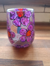 Load image into Gallery viewer, Purple Flower Stemless Wine Glass